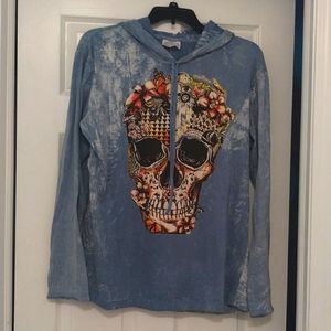 - No Time stonewashed skull graphic long sleeve hoodie t shirt